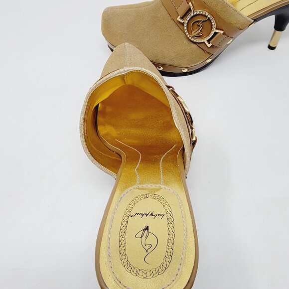 Baby Phat Tan Suede Mule Heels Gold Logo Buckle Rhinestone Studded Shoes sz 9 - Picture 2 of 7